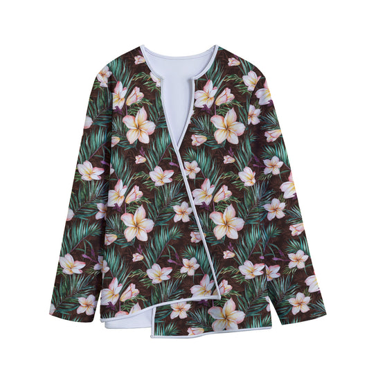 Tropical Frangipani Flower Print Long Sleeve Short Coat