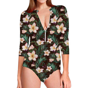 Tropical Frangipani Flower Print Long Sleeve Swimsuit