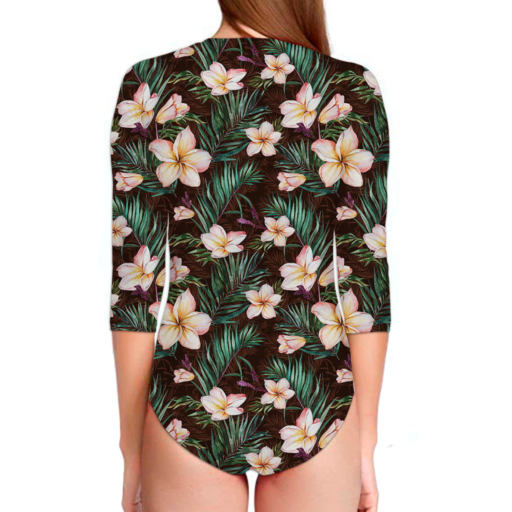 Tropical Frangipani Flower Print Long Sleeve Swimsuit