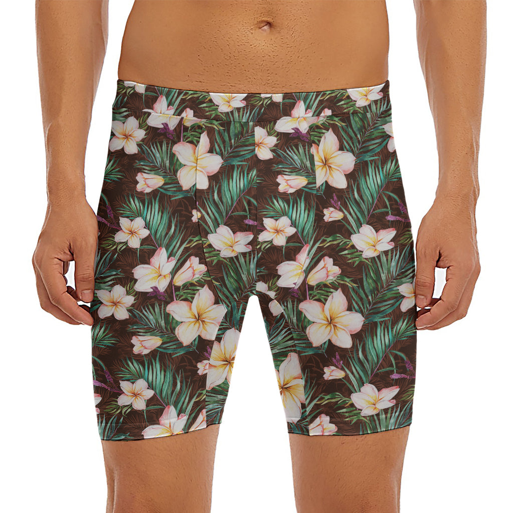 Tropical Frangipani Flower Print Men's Long Boxer Briefs