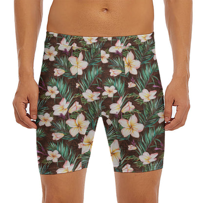 Tropical Frangipani Flower Print Men's Long Boxer Briefs