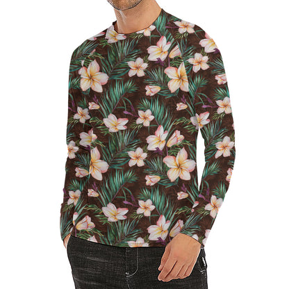 Tropical Frangipani Flower Print Men's Long Sleeve Rash Guard