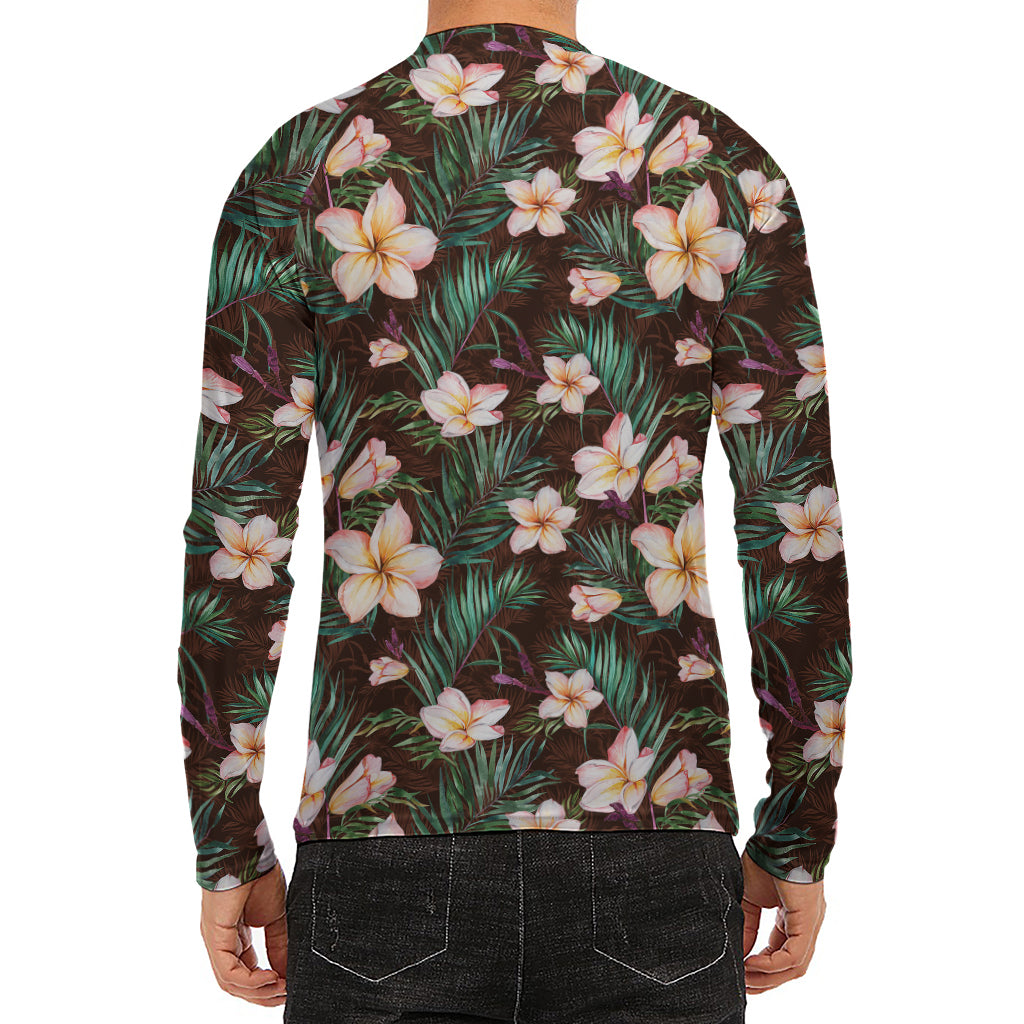 Tropical Frangipani Flower Print Men's Long Sleeve Rash Guard
