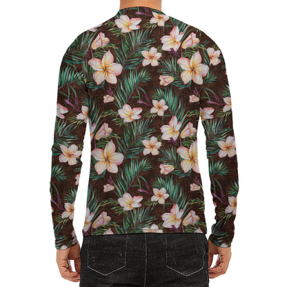 Tropical Frangipani Flower Print Men's Long Sleeve Rash Guard