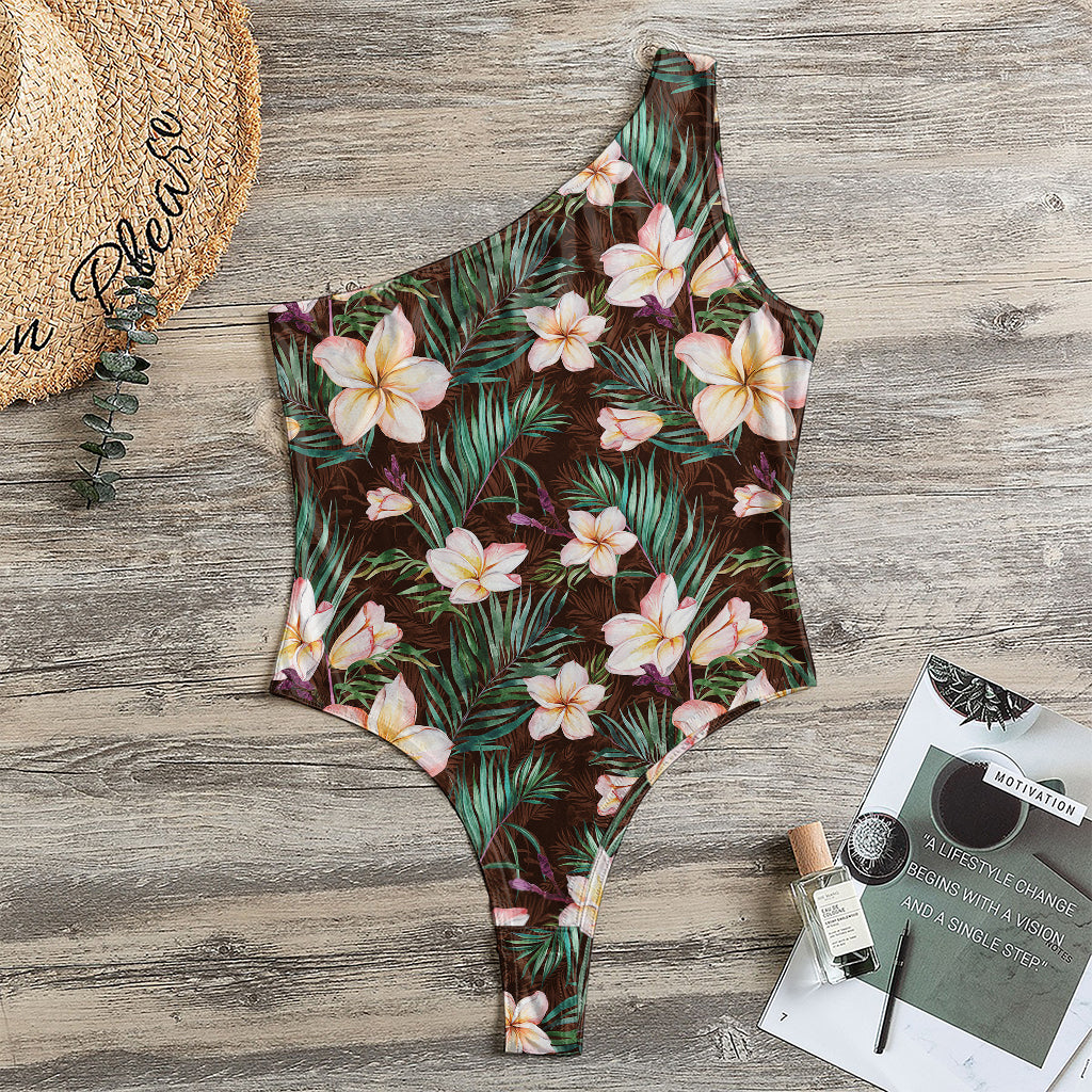 Tropical Frangipani Flower Print One Shoulder Bodysuit