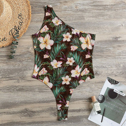 Tropical Frangipani Flower Print One Shoulder Bodysuit