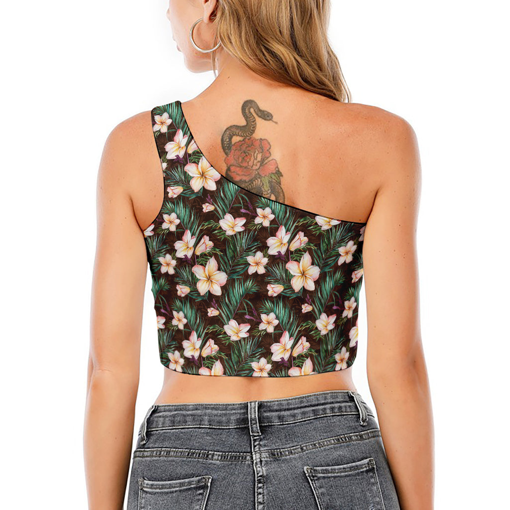 Tropical Frangipani Flower Print One Shoulder Crop Top