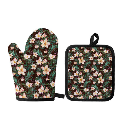 Tropical Frangipani Flower Print Oven Mitt And Pot Holder Set