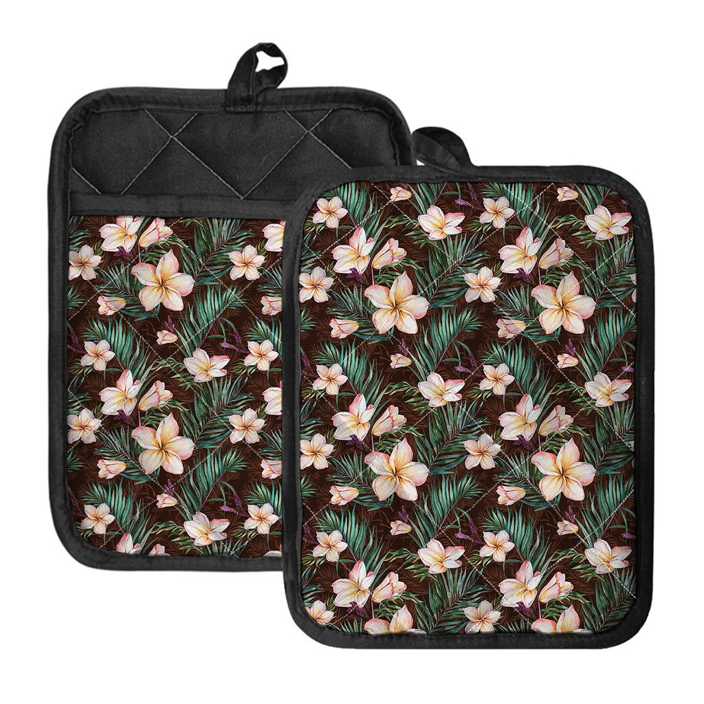 Tropical Frangipani Flower Print Pot Holders With Pocket
