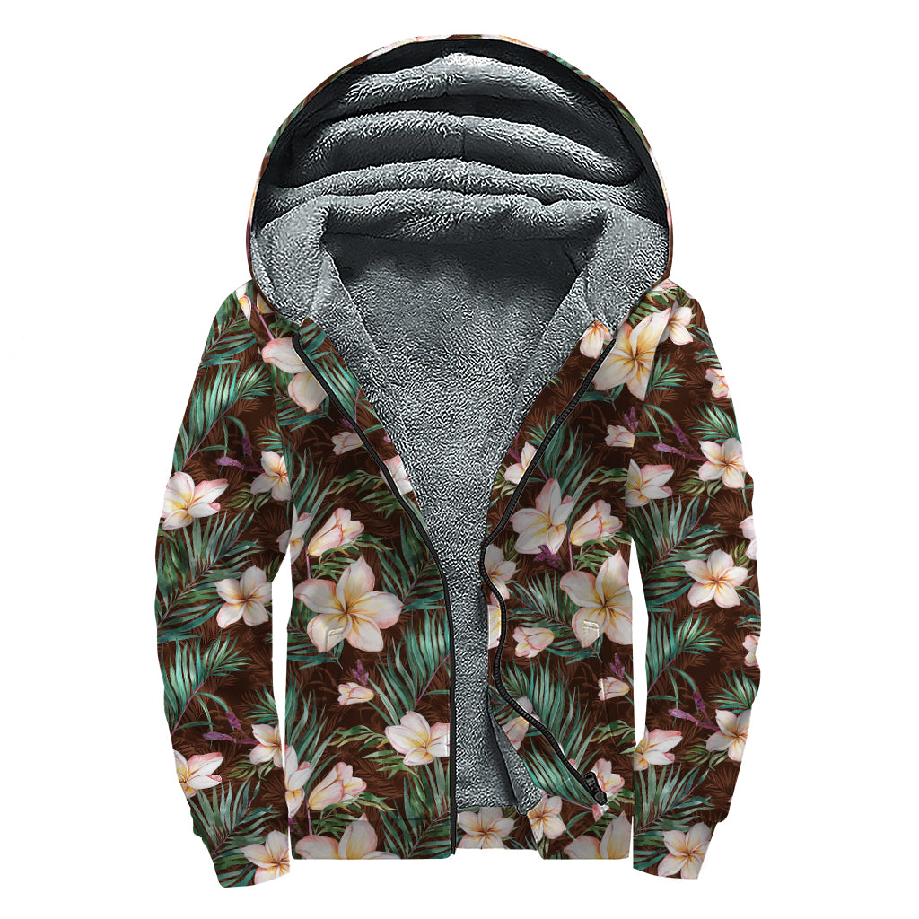 Tropical Frangipani Flower Print Sherpa Lined Zip Up Hoodie