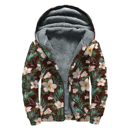 Tropical Frangipani Flower Print Sherpa Lined Zip Up Hoodie