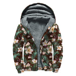 Tropical Frangipani Flower Print Sherpa Lined Zip Up Hoodie
