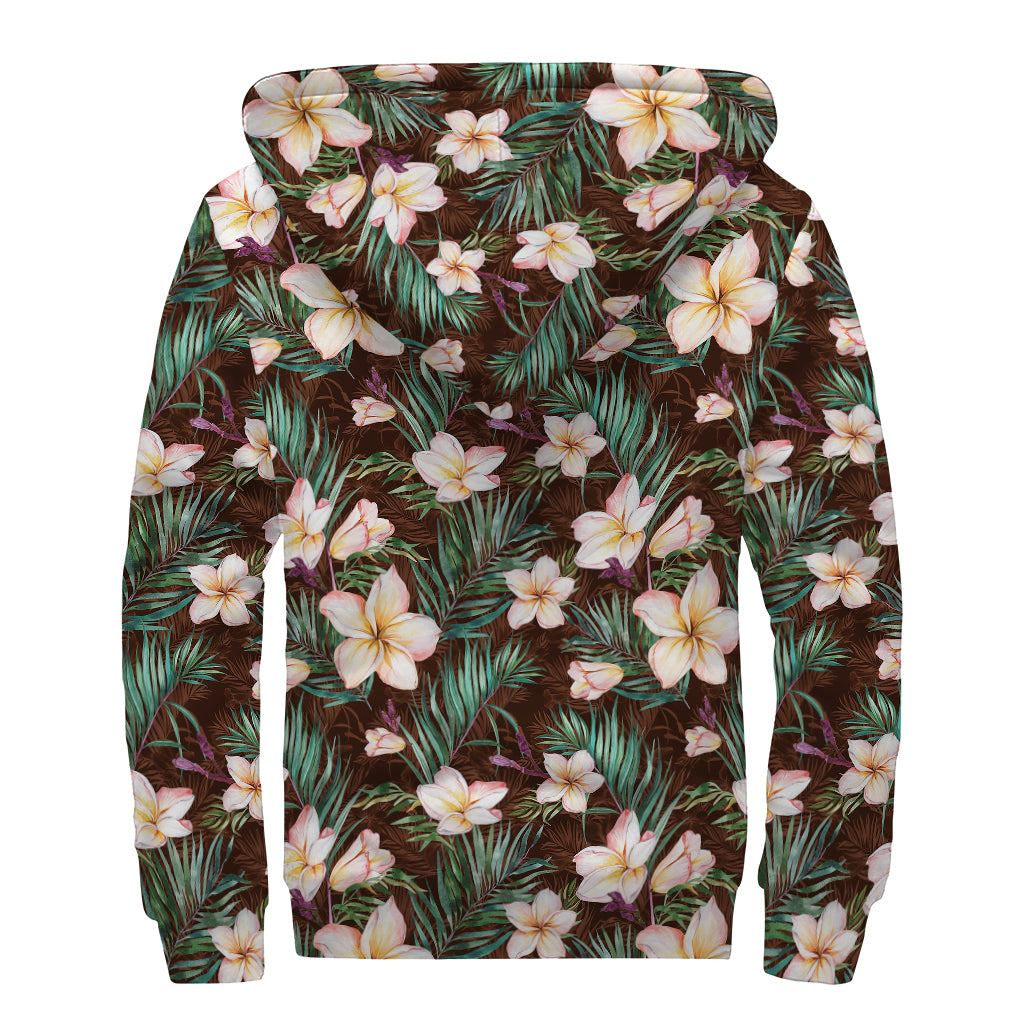 Tropical Frangipani Flower Print Sherpa Lined Zip Up Hoodie