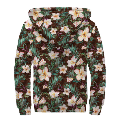 Tropical Frangipani Flower Print Sherpa Lined Zip Up Hoodie