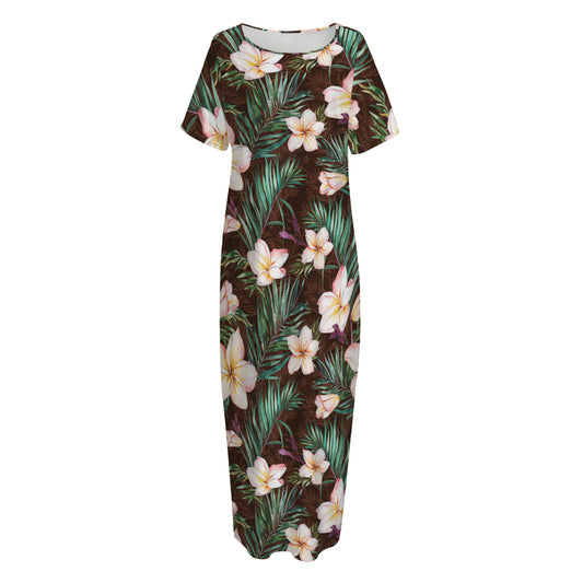 Tropical Frangipani Flower Print Short Sleeve Long Nightdress