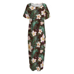 Tropical Frangipani Flower Print Short Sleeve Long Nightdress