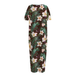 Tropical Frangipani Flower Print Short Sleeve Long Nightdress
