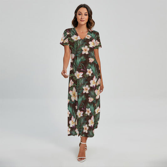 Tropical Frangipani Flower Print Short Sleeve Maxi Dress