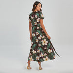 Tropical Frangipani Flower Print Short Sleeve Maxi Dress
