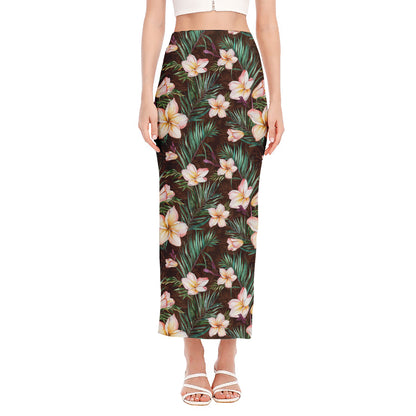 Tropical Frangipani Flower Print Side Slit Maxi Skirt