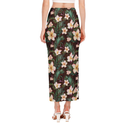 Tropical Frangipani Flower Print Side Slit Maxi Skirt