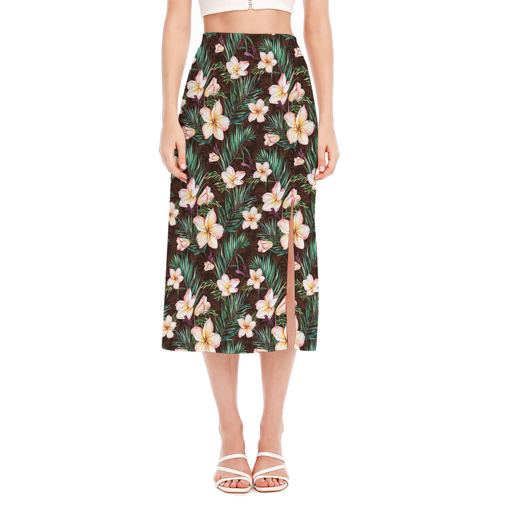 Tropical Frangipani Flower Print Side Slit Midi Skirt