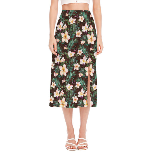 Tropical Frangipani Flower Print Side Slit Midi Skirt
