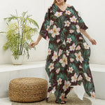 Tropical Frangipani Flower Print Silk V-Neck Kaftan Dress