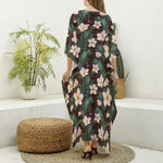 Tropical Frangipani Flower Print Silk V-Neck Kaftan Dress