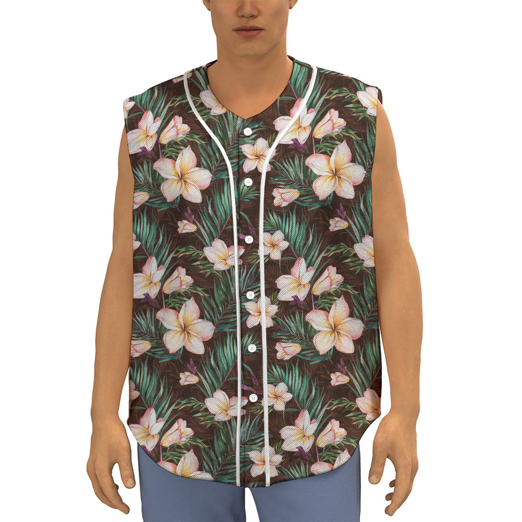Tropical Frangipani Flower Print Sleeveless Baseball Jersey