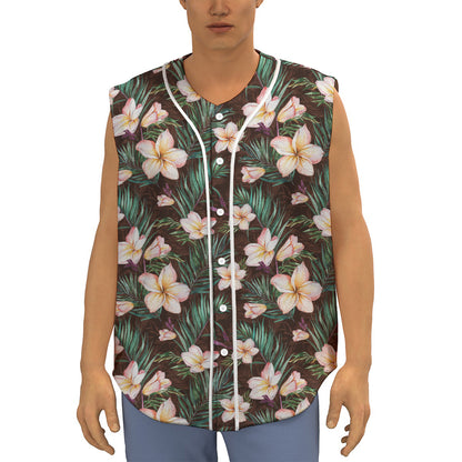 Tropical Frangipani Flower Print Sleeveless Baseball Jersey
