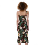 Tropical Frangipani Flower Print Slim Fit Midi Cami Dress