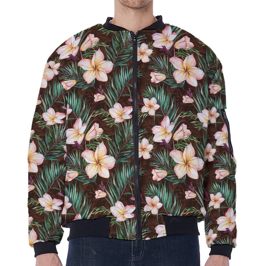 Tropical Frangipani Flower Print Zip Sleeve Bomber Jacket