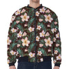 Tropical Frangipani Flower Print Zip Sleeve Bomber Jacket