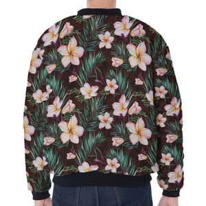 Tropical Frangipani Flower Print Zip Sleeve Bomber Jacket