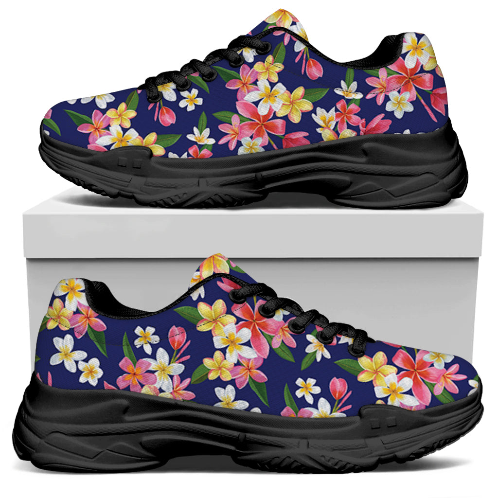 Tropical Frangipani Plumeria Print Black Chunky Shoes