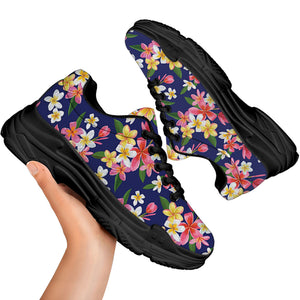 Tropical Frangipani Plumeria Print Black Chunky Shoes