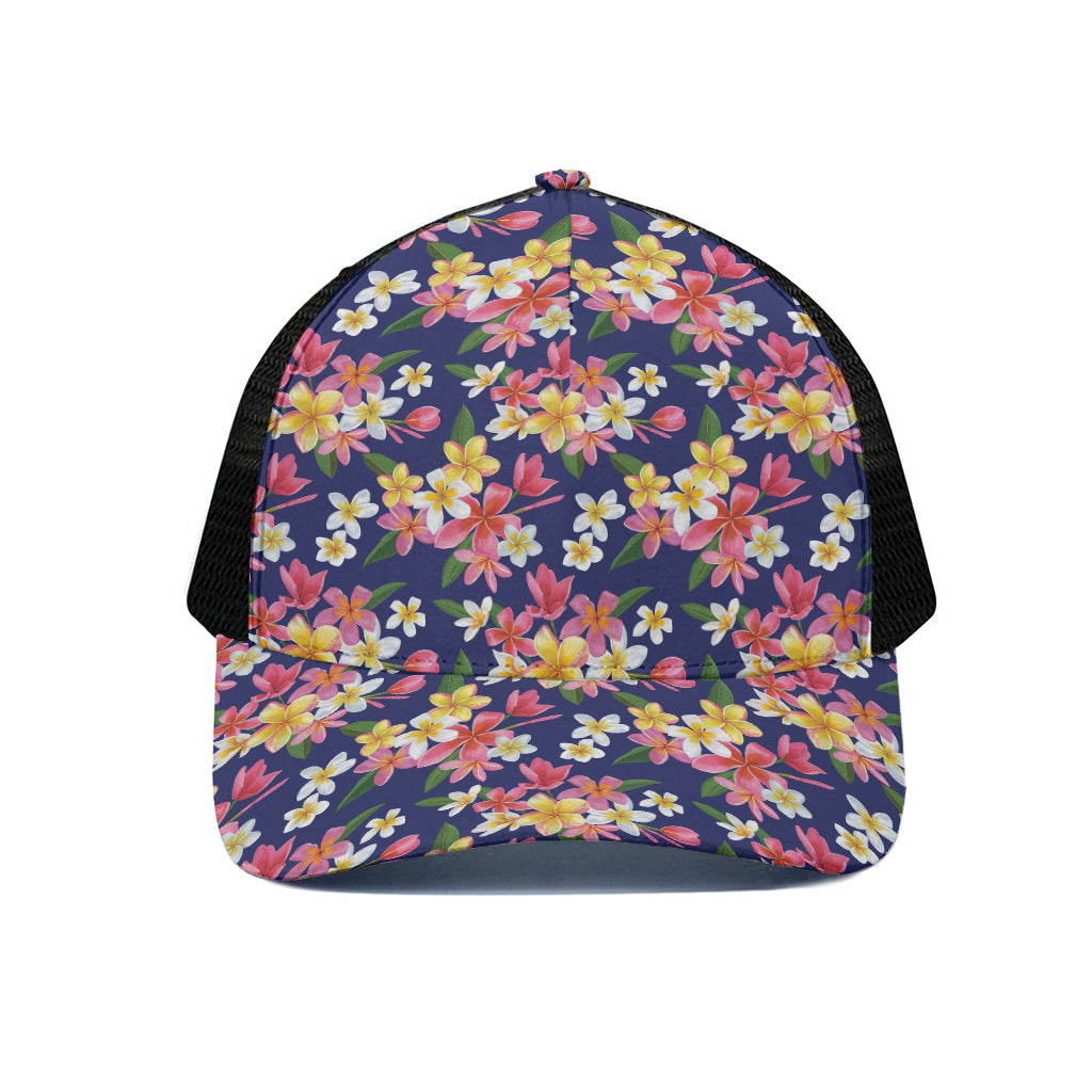 Tropical Frangipani Plumeria Print Black Mesh Trucker Cap