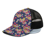 Tropical Frangipani Plumeria Print Black Mesh Trucker Cap