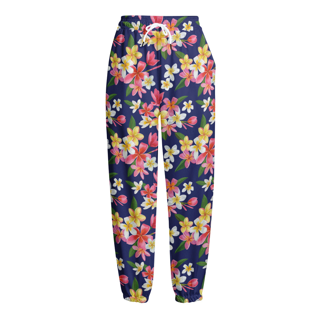 Tropical Frangipani Plumeria Print Fleece Lined Knit Pants