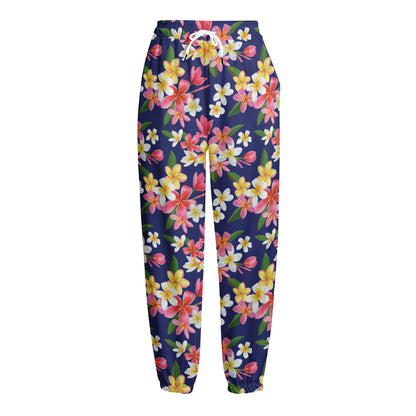 Tropical Frangipani Plumeria Print Fleece Lined Knit Pants