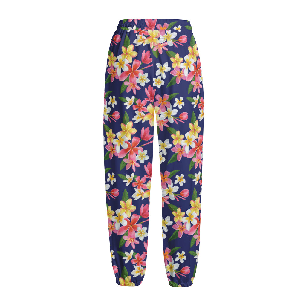 Tropical Frangipani Plumeria Print Fleece Lined Knit Pants