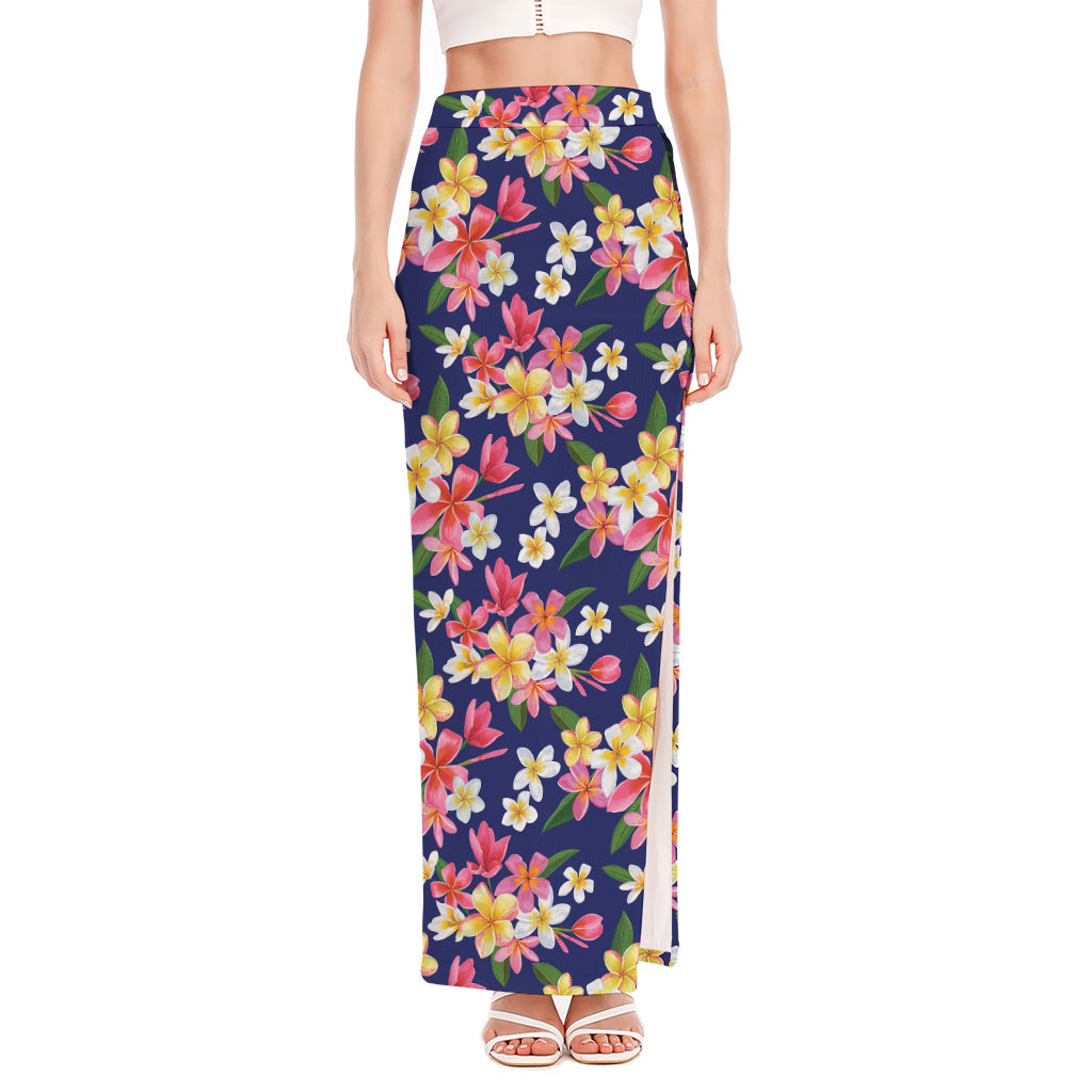 Tropical Frangipani Plumeria Print High Slit Maxi Skirt