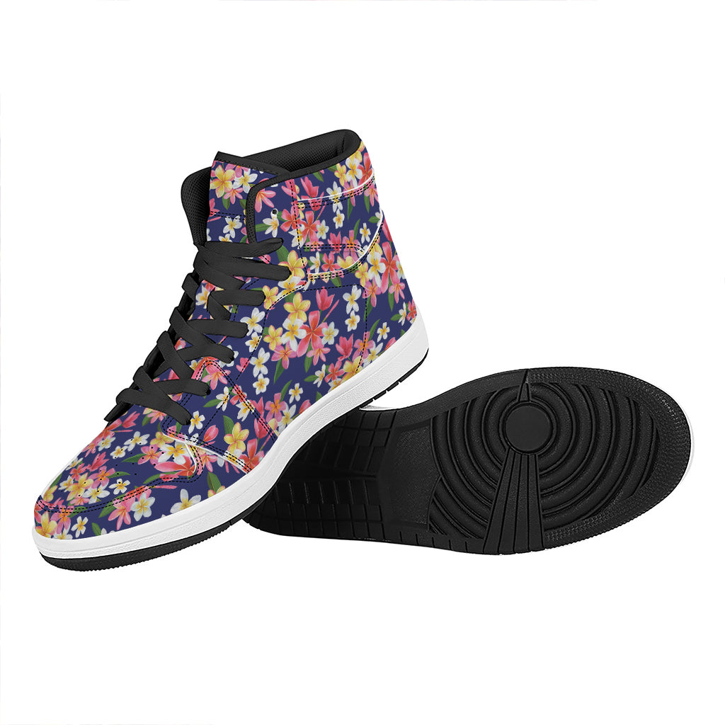 Tropical Frangipani Plumeria Print High Top Leather Sneakers