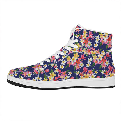 Tropical Frangipani Plumeria Print High Top Leather Sneakers