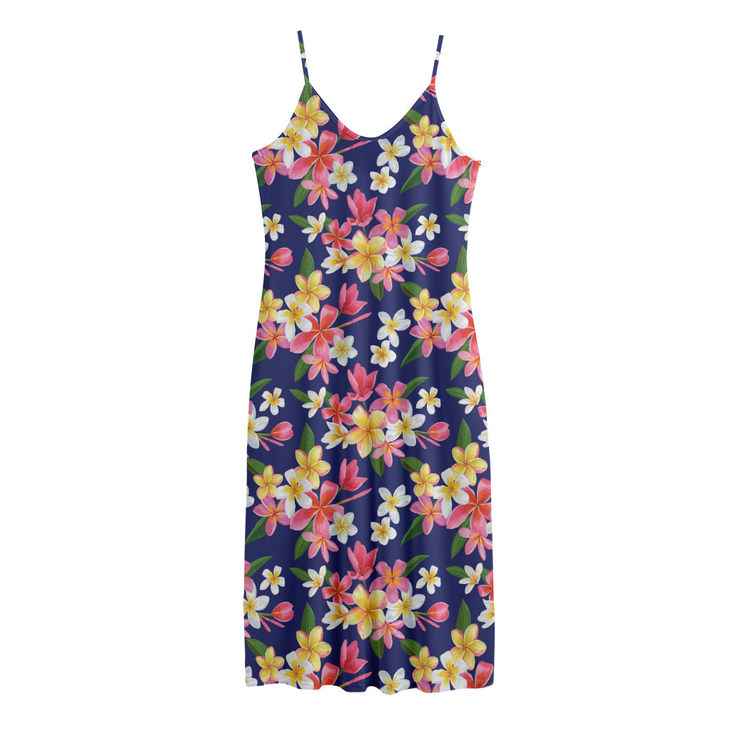 Tropical Frangipani Plumeria Print Jersey Midi Cami Dress