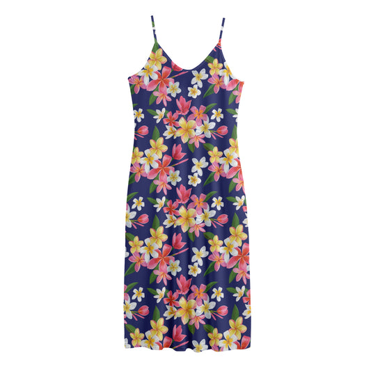 Tropical Frangipani Plumeria Print Jersey Midi Cami Dress