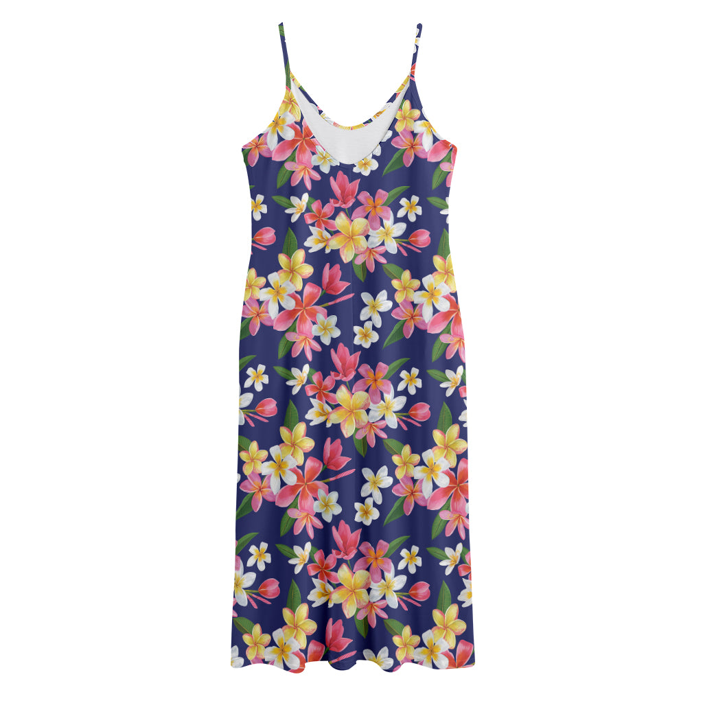 Tropical Frangipani Plumeria Print Jersey Midi Cami Dress