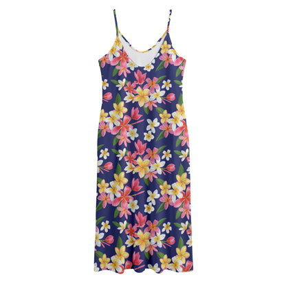 Tropical Frangipani Plumeria Print Jersey Midi Cami Dress