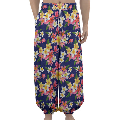 Tropical Frangipani Plumeria Print Lantern Pants